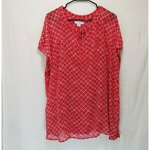 Liz Claiborne Woman Sz 3X Red White Geometric Silk Blend Tunic Top Tie Neck Cami